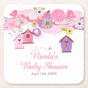 Posavasos Cuadrado De Papel Ducha de Bebé Jaulas de Pájaros Florales Rosa y Mo
