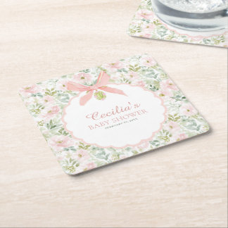 Posavasos Cuadrado De Papel Ducha de Bebé Niña con Lazo Rosa Floral Vintage