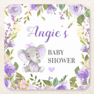 Posavasos Cuadrado De Papel Ducha de Bebé Niña Elefante Lavanda Floral Vidrio