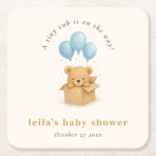 Posavasos Cuadrado De Papel Ducha de Bebé Niño Oso Globo Azul Acuarela Cute