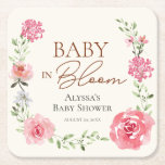 Posavasos Cuadrado De Papel Ducha de bebé personalizada favorece al bebé en fl<br><div class="desc">Dé un recuerdo para recordar la ducha de bebé con temática Baby in Bloom de la futura mamá con estas tiras de personalizado. Con mis flores acuarelas,  peonías,  rosas,  hojas y algunas flores silvestres. Rosa,  verde y melocotón en crema.</div>