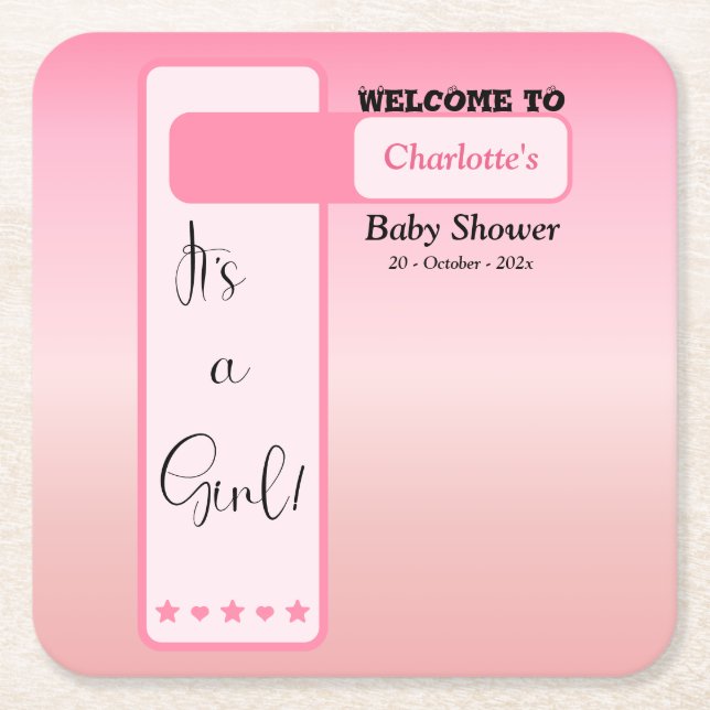 Posavasos Cuadrado De Papel Ducha de Bebé Texto de Ojo Lindo Gradiente Rosa (Anverso)