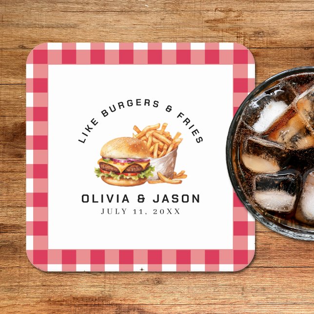 Posavasos Cuadrado De Papel Ducha de casamiento picnic para hamburguesas y bol (Burgers & Fries Picnic Wedding Shower Square Paper Coaster
)