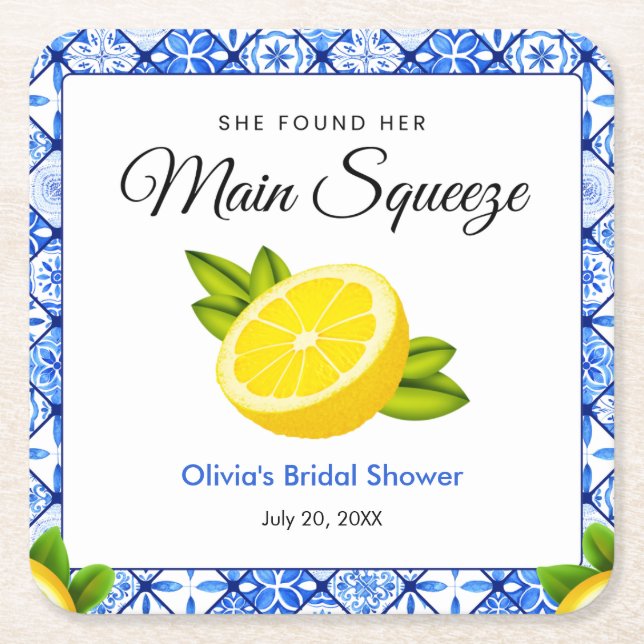 Posavasos Cuadrado De Papel Ducha de Novia Blue Tile She Found Her Main Squeez (Anverso)