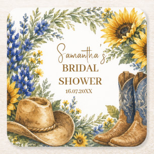 Posavasos Cuadrado De Papel Ducha de novia bohemio girasol Bluebonnet Texas
