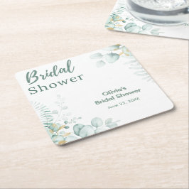Posavasos Cuadrado De Papel Ducha de Novia Botánica de Eucalipto Verde Dorado