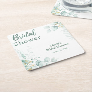 Posavasos Cuadrado De Papel Ducha de Novia Botánica de Eucalipto Verde Dorado