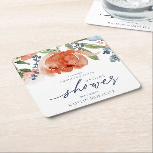 Posavasos Cuadrado De Papel Ducha de Novia Colorida Peonía Naranja y Azul Polv