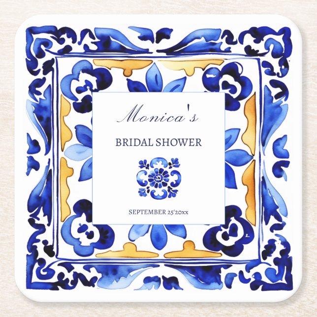 Posavasos Cuadrado De Papel Ducha de novia con azulejos azules italianos Amalf (Anverso)