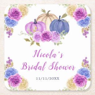 Posavasos Cuadrado De Papel Ducha de novia con calabazas florales púrpura y az