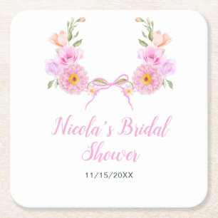 Posavasos Cuadrado De Papel Ducha de Novia con Cinta Floral Rosa