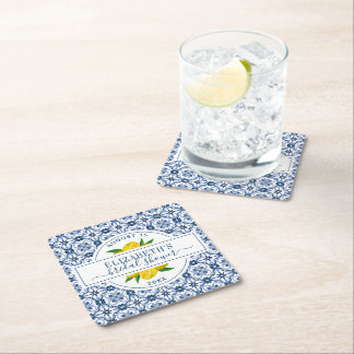 Posavasos Cuadrado De Papel Ducha de novia con mosaico azul de limón mediterrá