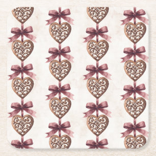 Posavasos Cuadrado De Papel Ducha de Novia Corazones de Bronce Lazos Rojos