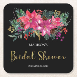 Posavasos Cuadrado De Papel Ducha de Novia de Poinsettia Rosa en Navidad