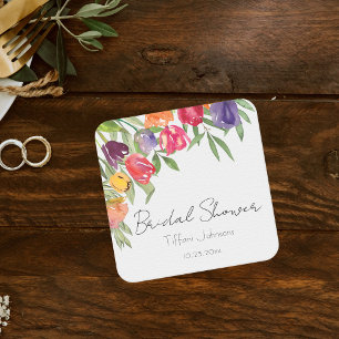 Posavasos Cuadrado De Papel Ducha de Novia Divertida y Brillante con Tulipanes