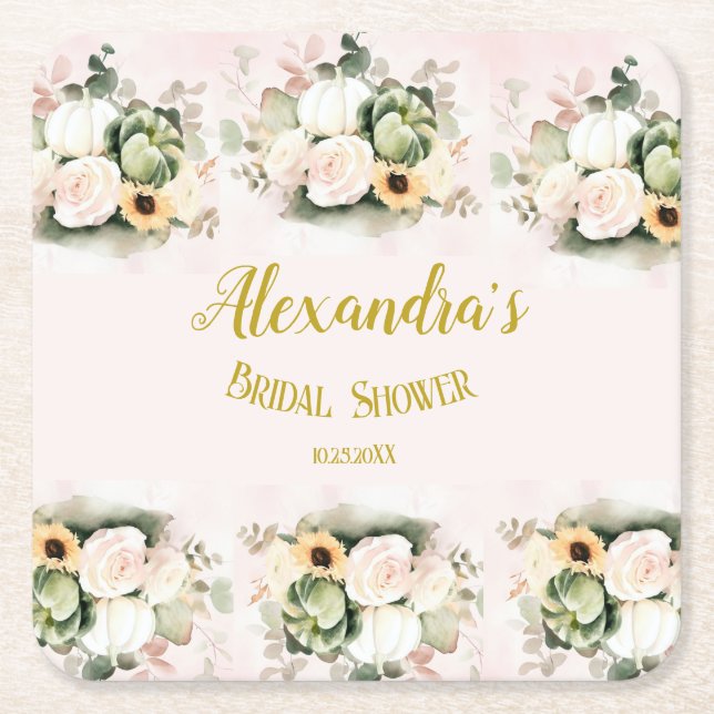 Posavasos Cuadrado De Papel Ducha de Novia Elegante de Pasto de Pampas y Calab (Anverso)