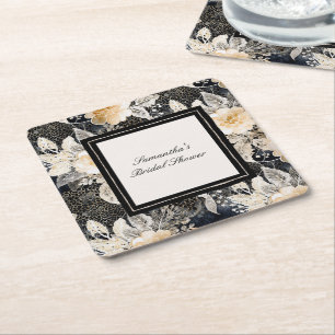 Posavasos Cuadrado De Papel Ducha de Novia Floral Animal Leopardo Crema Negra