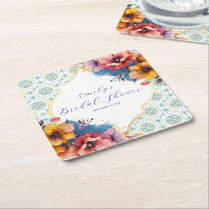 Posavasos Cuadrado De Papel Ducha de novia floral azul mediterránea