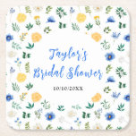 Posavasos Cuadrado De Papel Ducha de novia floral azul y amarilla<br><div class="desc">Esta hermosa y elegante montaña rusa cuenta con flores de color azul acuático,  amarillo y blanco con follaje. El texto combina el guión manuscrito y las fuentes serif para un aspecto elegante y moderno. Es perfecto para una ducha casera rústica de primavera o verano.</div>