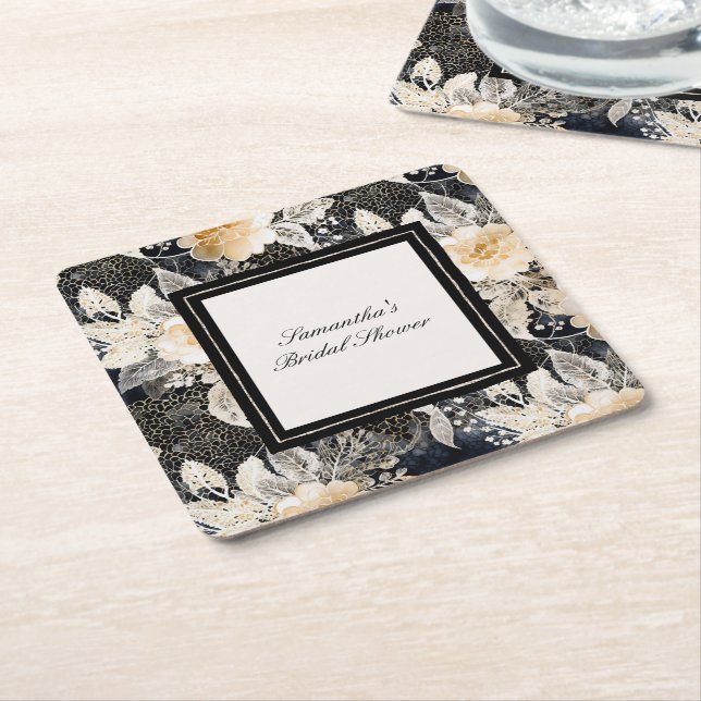 Posavasos Cuadrado De Papel Ducha de novia floral de leopardo negro crema (En perspectiva)