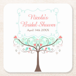 Posavasos Cuadrado De Papel Ducha de Novia Floral de Menta y Coral con Pájaros
