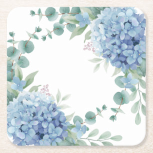 Posavasos Cuadrado De Papel Ducha de Novia Floral Hortensia Azul