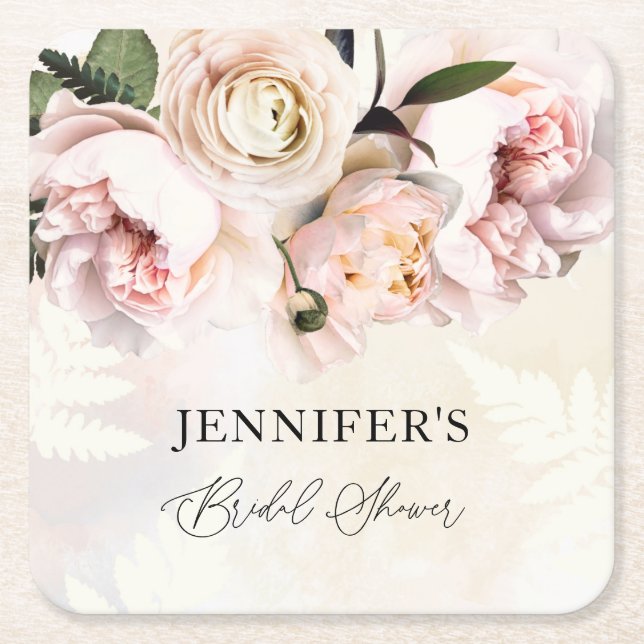 Posavasos Cuadrado De Papel Ducha de novia floral rosa (Anverso)