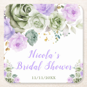 Posavasos Cuadrado De Papel Ducha de Novia Floral Verde Salvia y Morado