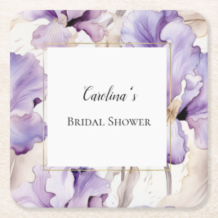 Posavasos Cuadrado De Papel Ducha de Novia Flores de Iris de Crema Púrpura Lav
