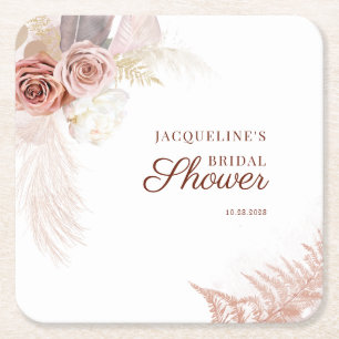 Posavasos Cuadrado De Papel Ducha de Novia Guión Terracota Marrón Hierba de Pa
