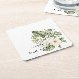 Posavasos Cuadrado De Papel Ducha de Novia Hojas Verdes Tropicales Orquídeas B