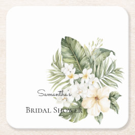 Posavasos Cuadrado De Papel Ducha de Novia Hojas Verdes Tropicales Orquídeas B