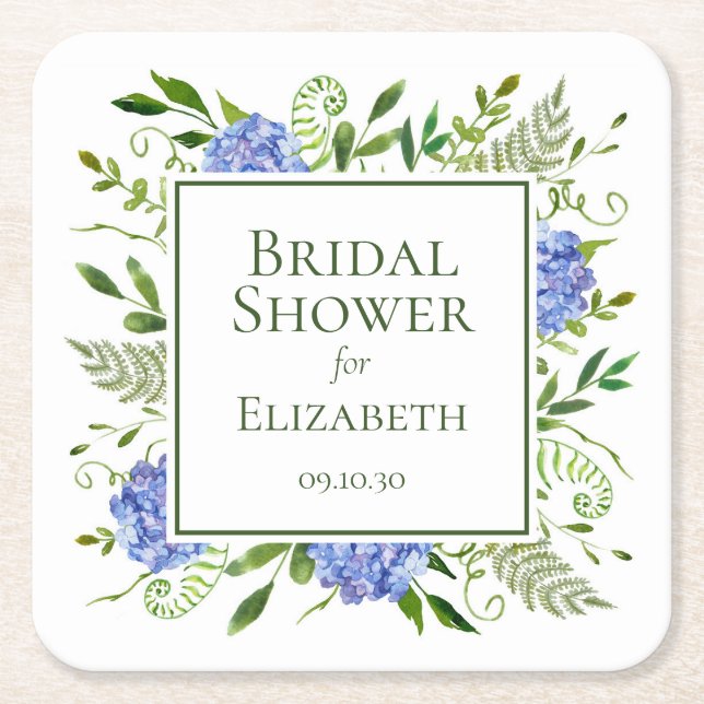 Posavasos Cuadrado De Papel Ducha de Novia Hortensias Azules (Anverso)