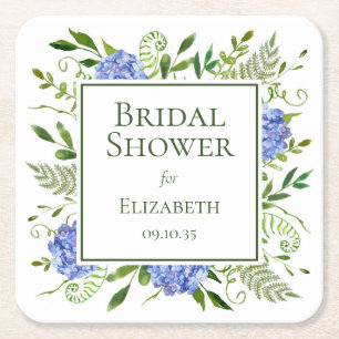 Posavasos Cuadrado De Papel Ducha de Novia Hortensias Azules