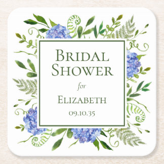 Posavasos Cuadrado De Papel Ducha de Novia Hortensias Azules
