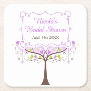 Posavasos Cuadrado De Papel Ducha de Novia Púrpura y Verde Floral con Pájaros