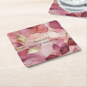 Posavasos Cuadrado De Papel Ducha de Novia Rosado Dorado Hojas