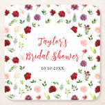 Posavasos Cuadrado De Papel Ducha de novias floral rosa roja y Rubor<br><div class="desc">Esta hermosa y elegante montaña rusa presenta una acuarela de color burdeos,  rosa y violeta con follaje. El texto combina el guión manuscrito y las fuentes serif para un aspecto elegante y moderno. Es perfecto para una ducha de novia rústica en otoño.</div>