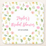 Posavasos Cuadrado De Papel Ducha de novias floral veraniega rosa y amarilla<br><div class="desc">Esta hermosa y elegante montaña rusa cuenta con flores color agua rosadas,  amarillas y blancas con follaje. El texto combina el guión manuscrito y las fuentes serif para un aspecto elegante y moderno. Es perfecto para una ducha casera rústica de primavera o verano.</div>