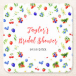 Posavasos Cuadrado De Papel Ducha de novias veraniega mixta Berries<br><div class="desc">Esta hermosa y elegante montaña rusa cuenta con arándanos de color azul,  fresas,  rojas y follaje. El texto combina el guión manuscrito y las fuentes serif para un aspecto elegante y moderno. Es perfecto para una ducha casera rústica de primavera o verano.</div>