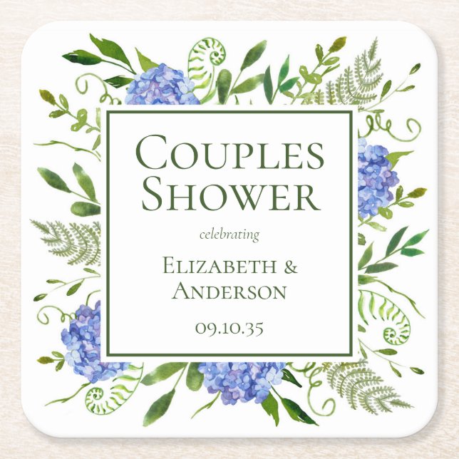 Posavasos Cuadrado De Papel Ducha De Parejas De Hydrangeas Azules (Anverso)