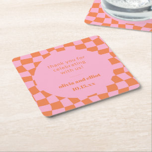 Posavasos Cuadrado De Papel Ducha de parejas personalizada a cuadros rosa y na