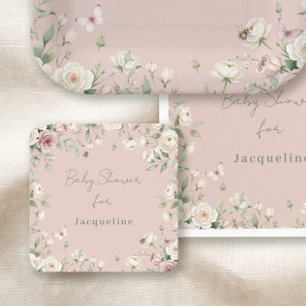 Posavasos Cuadrado De Papel Ducha floral rosa pastel para niña que va a ser ab