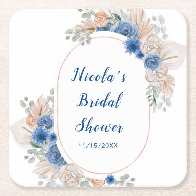 Posavasos Cuadrado De Papel Ducha nupcial de Boho Blue Pampas (Anverso)