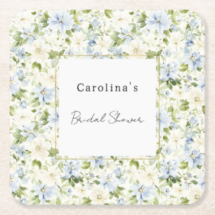 Posavasos Cuadrado De Papel Ducha Nupcial Floral Crema Azul