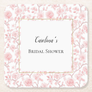 Posavasos Cuadrado De Papel Ducha Nupcial Floral de Rosas Rosadas Lindas