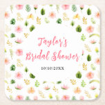 Posavasos Cuadrado De Papel Ducha nupcial floral de selva tropical<br><div class="desc">Esta hermosa y elegante montaña de montaña ofrece flores y follaje de hibiscos de color rosa y naranja. El texto combina el guión manuscrito y las fuentes serif para un aspecto elegante y moderno. Ideal para una ducha tropical en verano.</div>