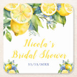 Posavasos Cuadrado De Papel Ducha nupcial mediterránea Citrus Lemon<br><div class="desc">Hermosa montaña de ducha de novia con limones,  flores azules y vegetación. Perfecto para una ducha nupcial. Las palabras se pueden cambiar para adaptarlas a sus propios detalles o requisitos</div>