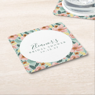 Posavasos Cuadrado De Papel Ducha Nupcial Personalizada Rosa Floral Script Sal