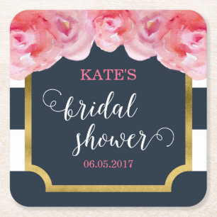 Posavasos Cuadrado De Papel Ducha nupcial rosada de las rayas azules de los